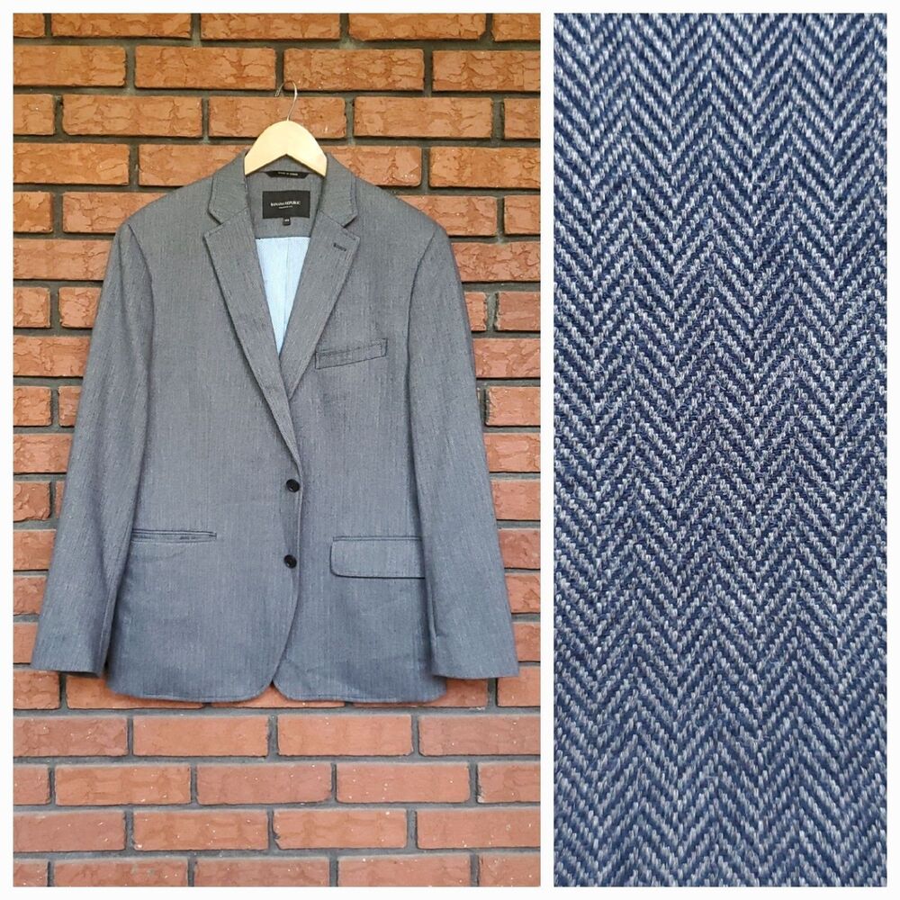 Banana Republic Tailored Fit Blazer 42 S 42S Cotton Herringbone Blue Gray Jacket